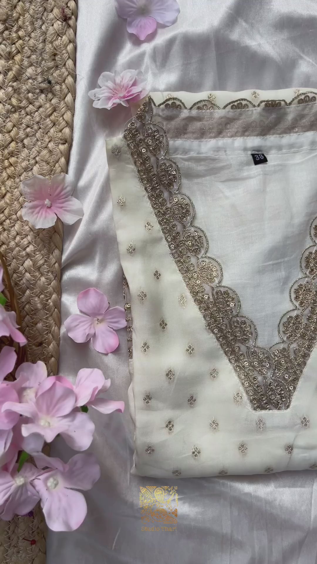 Georgette Kurta Set with detailed embroidered neckline  Shatoon straight stitched pant  Organza dupatta with scalloped lace border